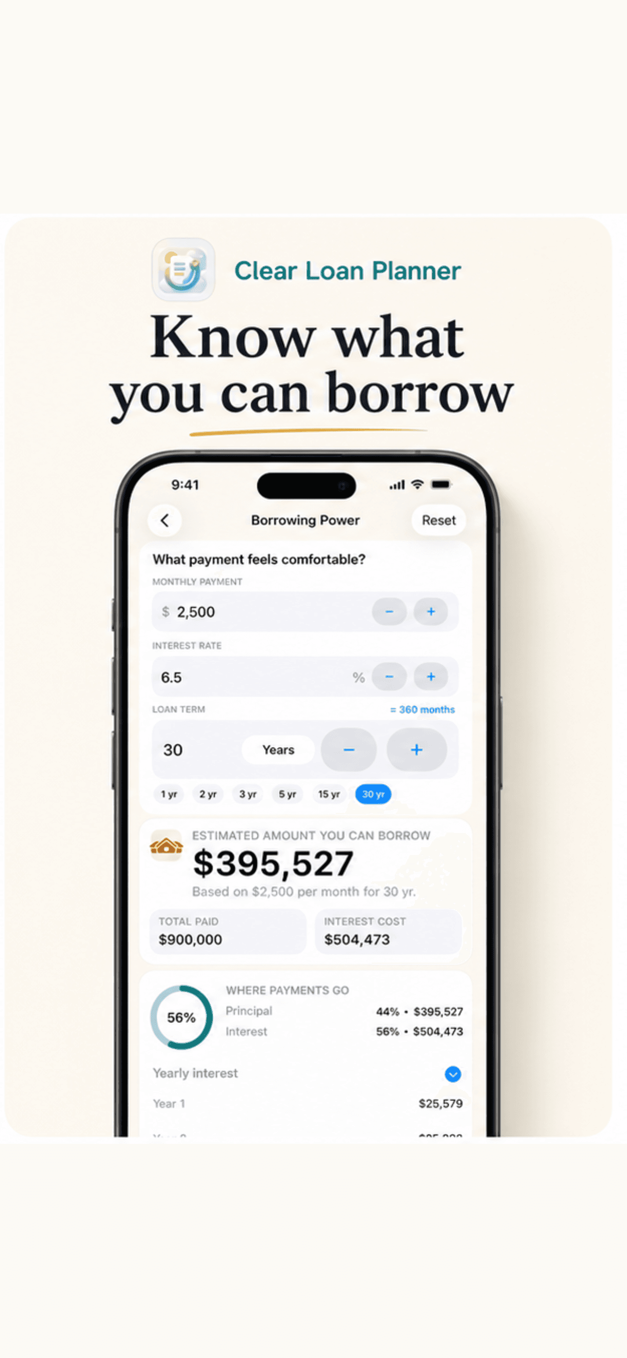 Clear Loan Planner borrowing power screenshot.