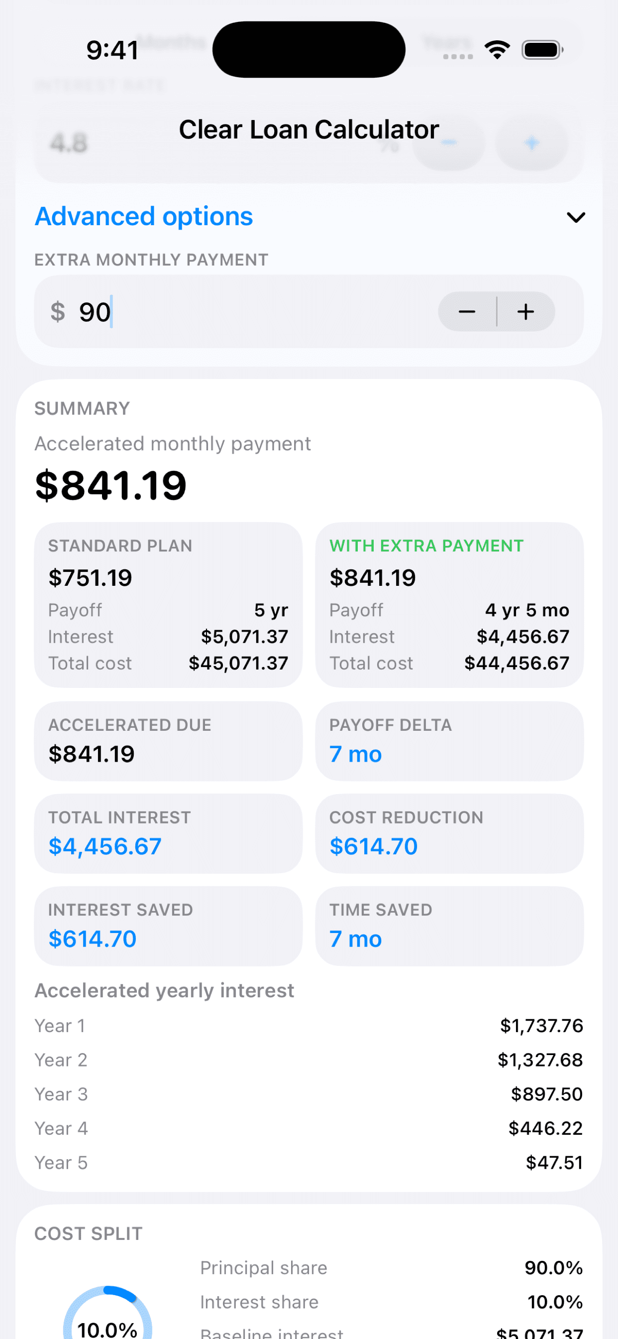 Clear Loan Calculator extra payment screen showing accelerated payoff savings.