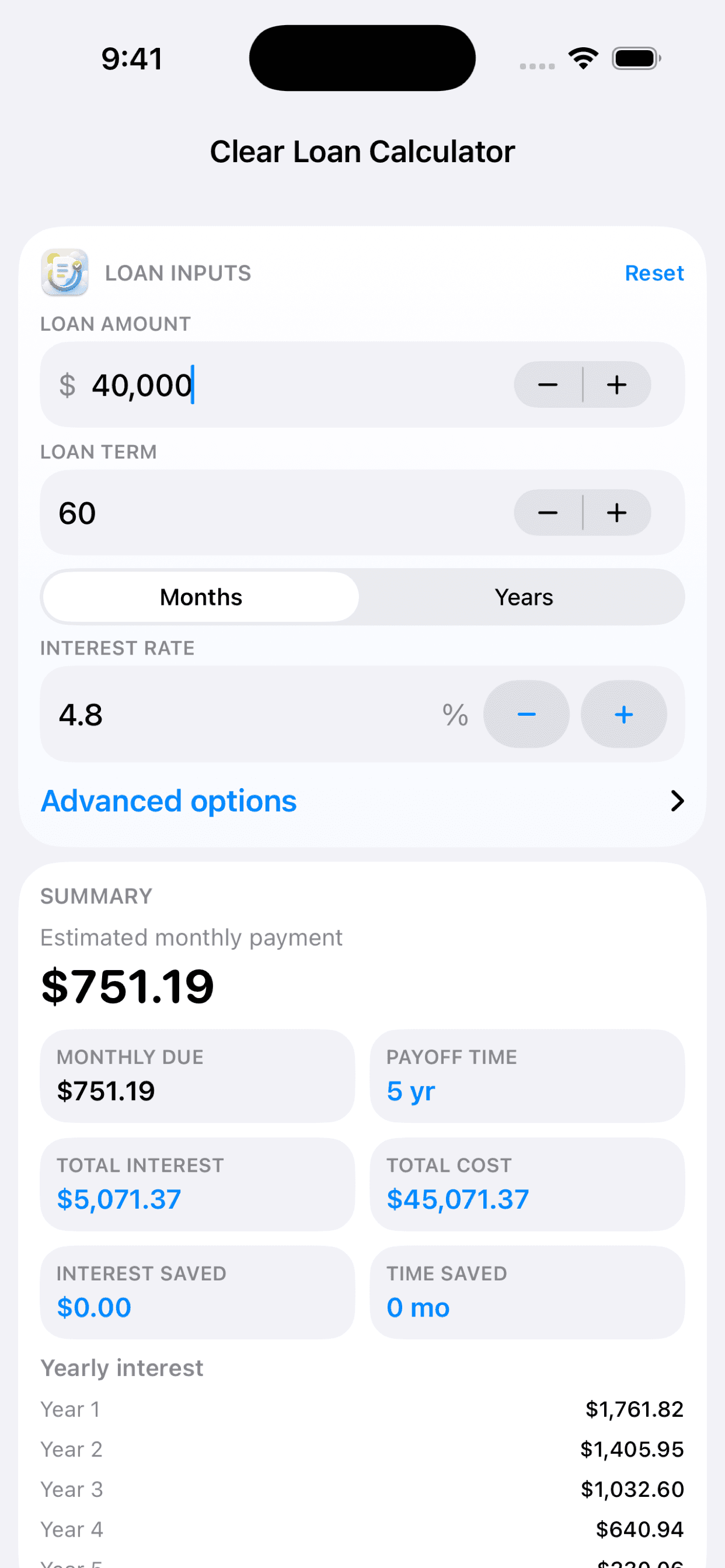 Clear Loan Calculator loan input screen with summary cards.