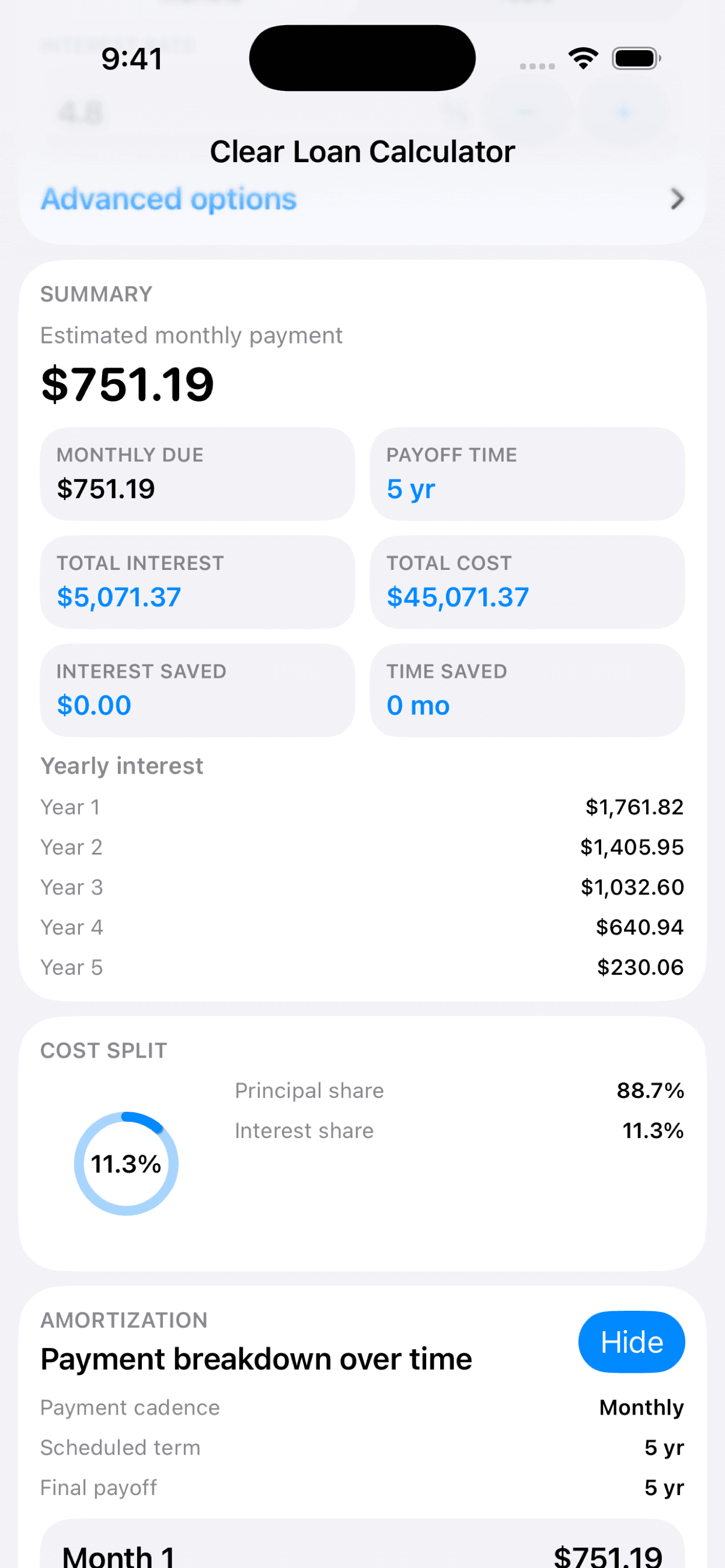 Clear Loan Calculator results view with summary, cost split, and amortization sections.