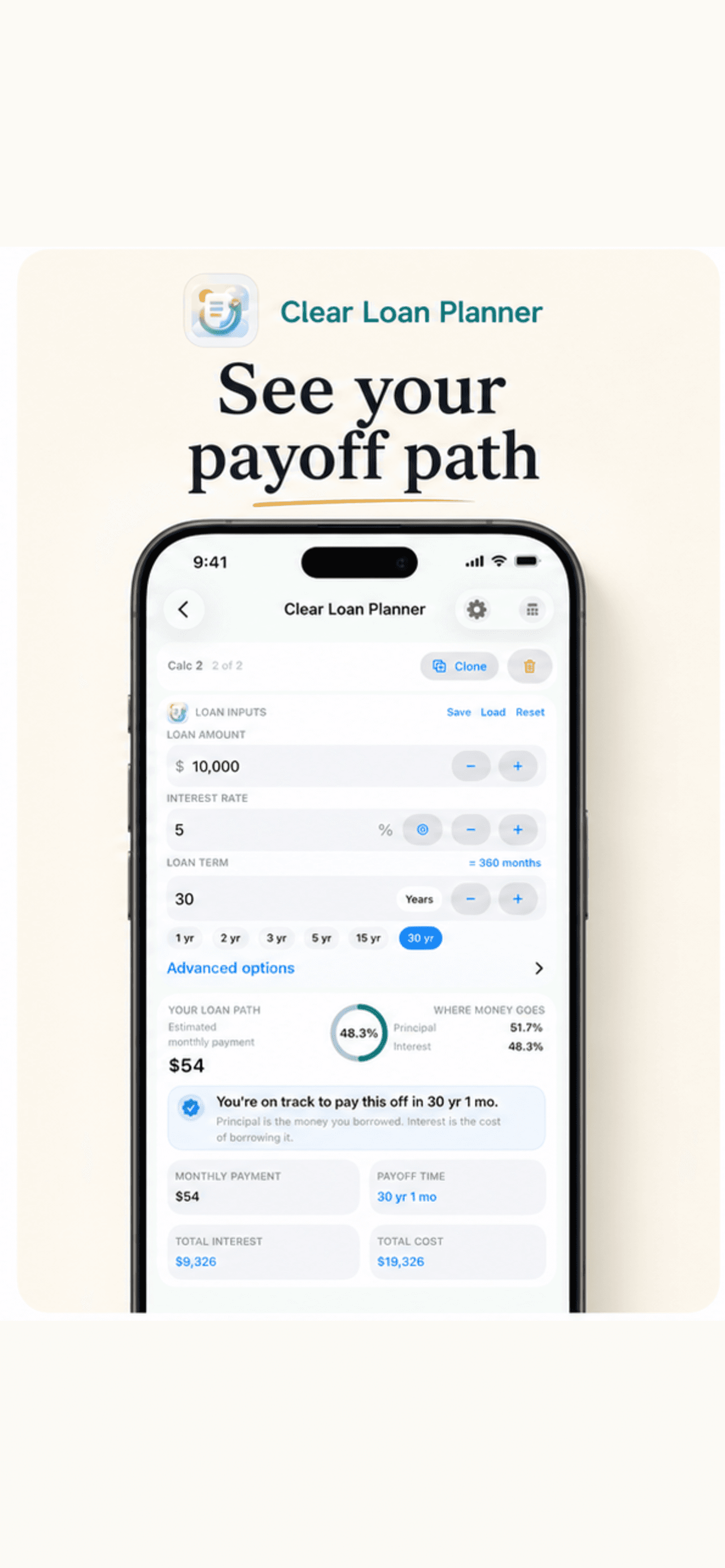 Clear Loan Planner payoff screen on iPhone.