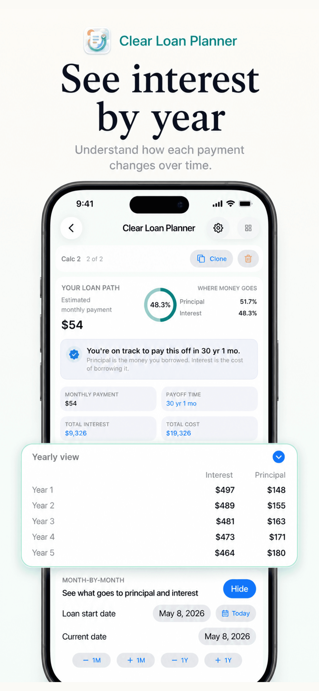 Clear Loan Planner yearly interest screenshot.