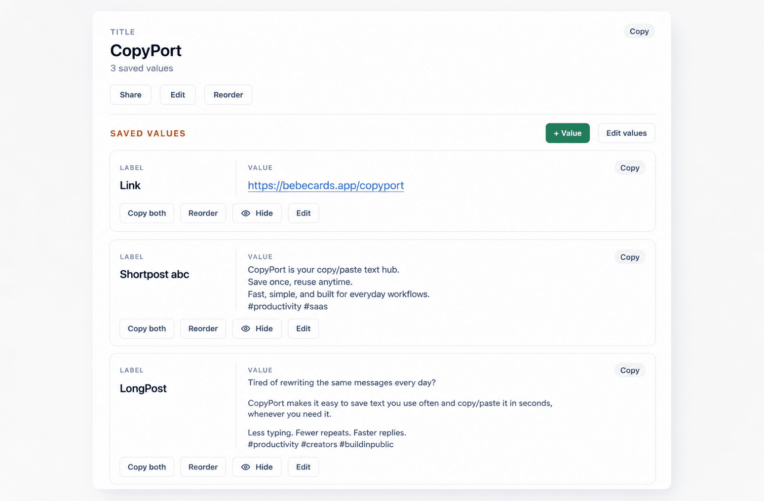 CopyPort workspace preview with search and copy actions