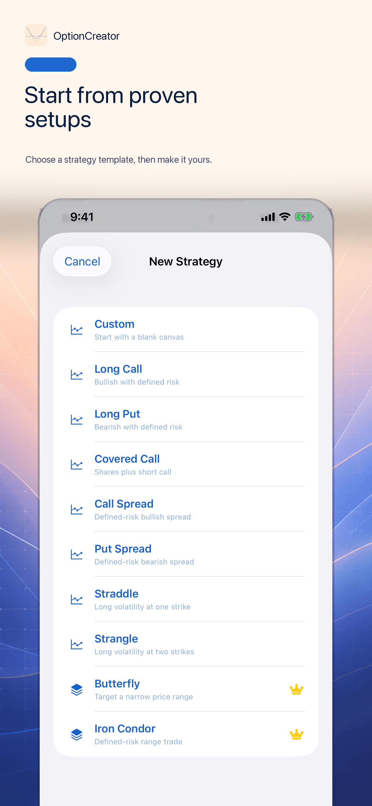Start with a template in OptionCreator.