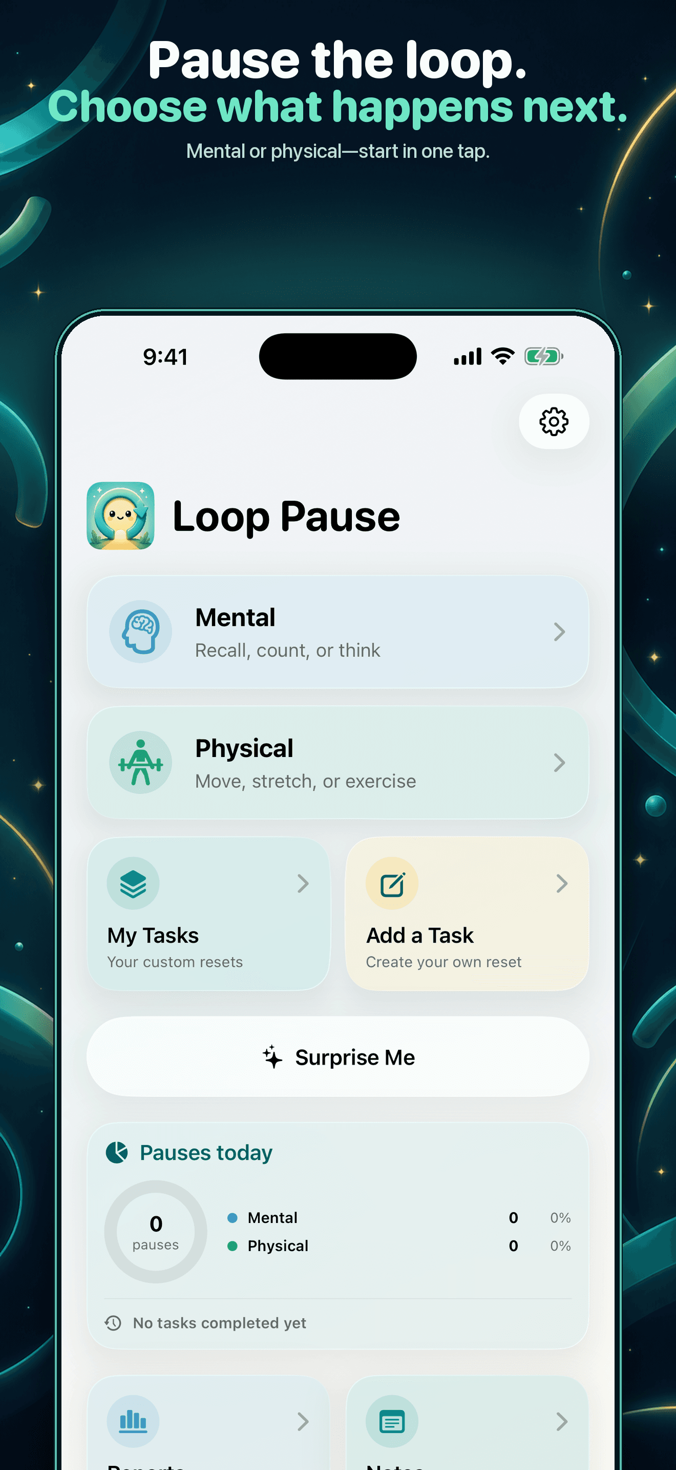 Loop Pause home with Mental, Physical, Surprise Me, and Pauses Today