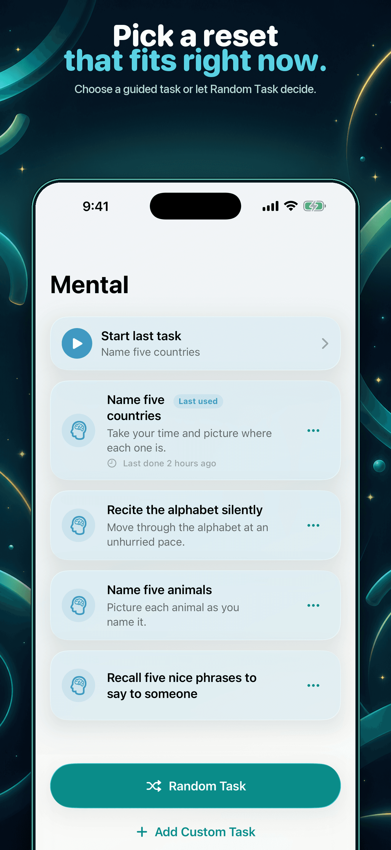 Loop Pause guided mental reset list with Start last task and Random Task