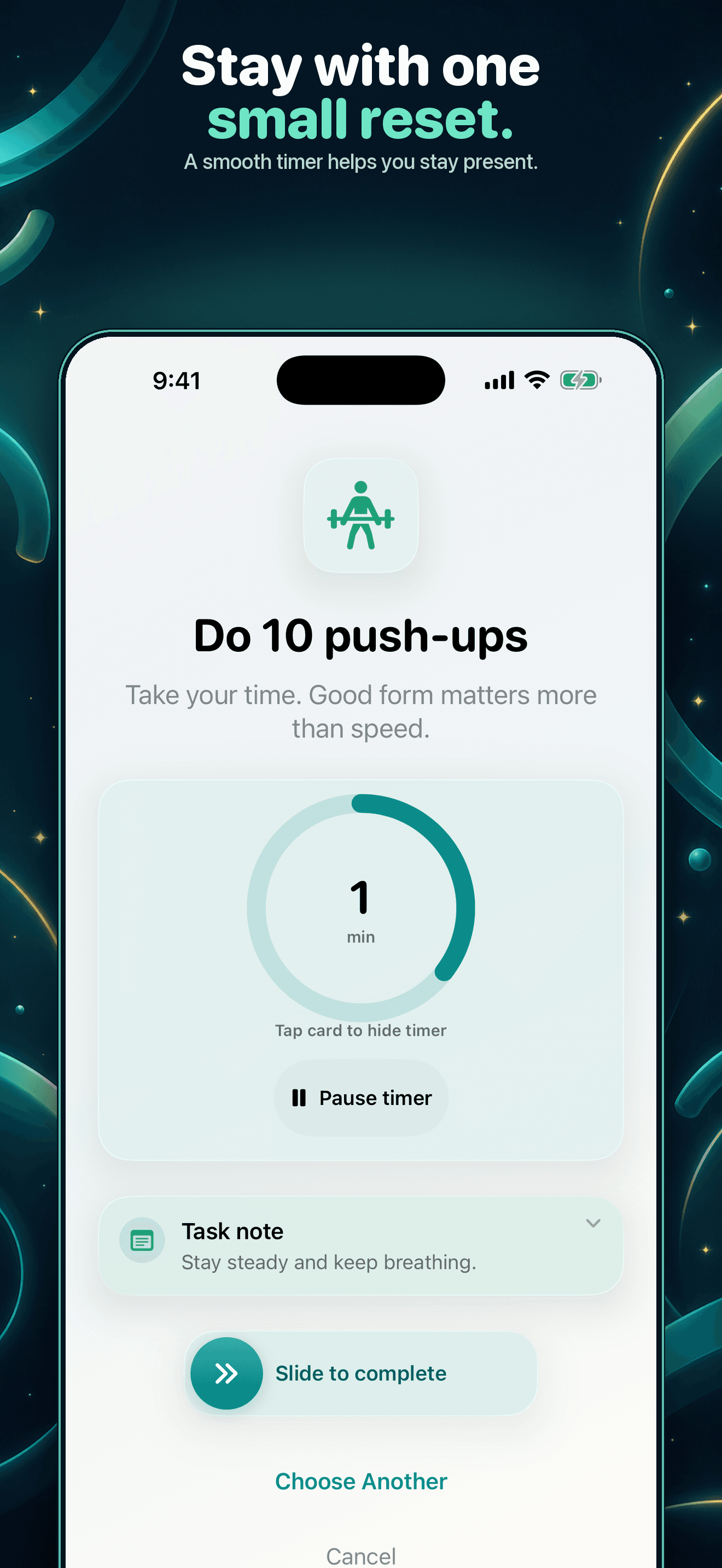 Loop Pause active physical task with timer, note, and slide to complete
