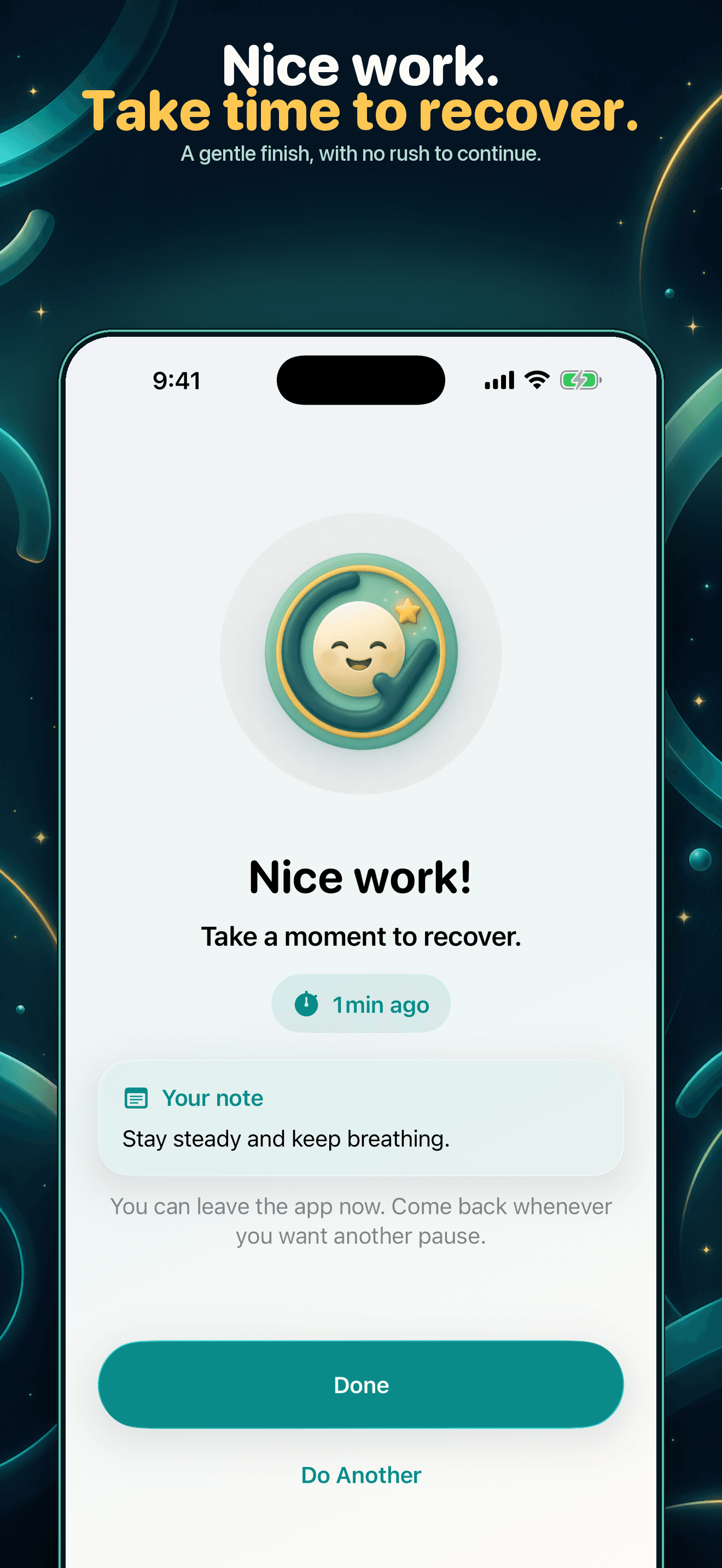 Loop Pause completion screen with a saved task note