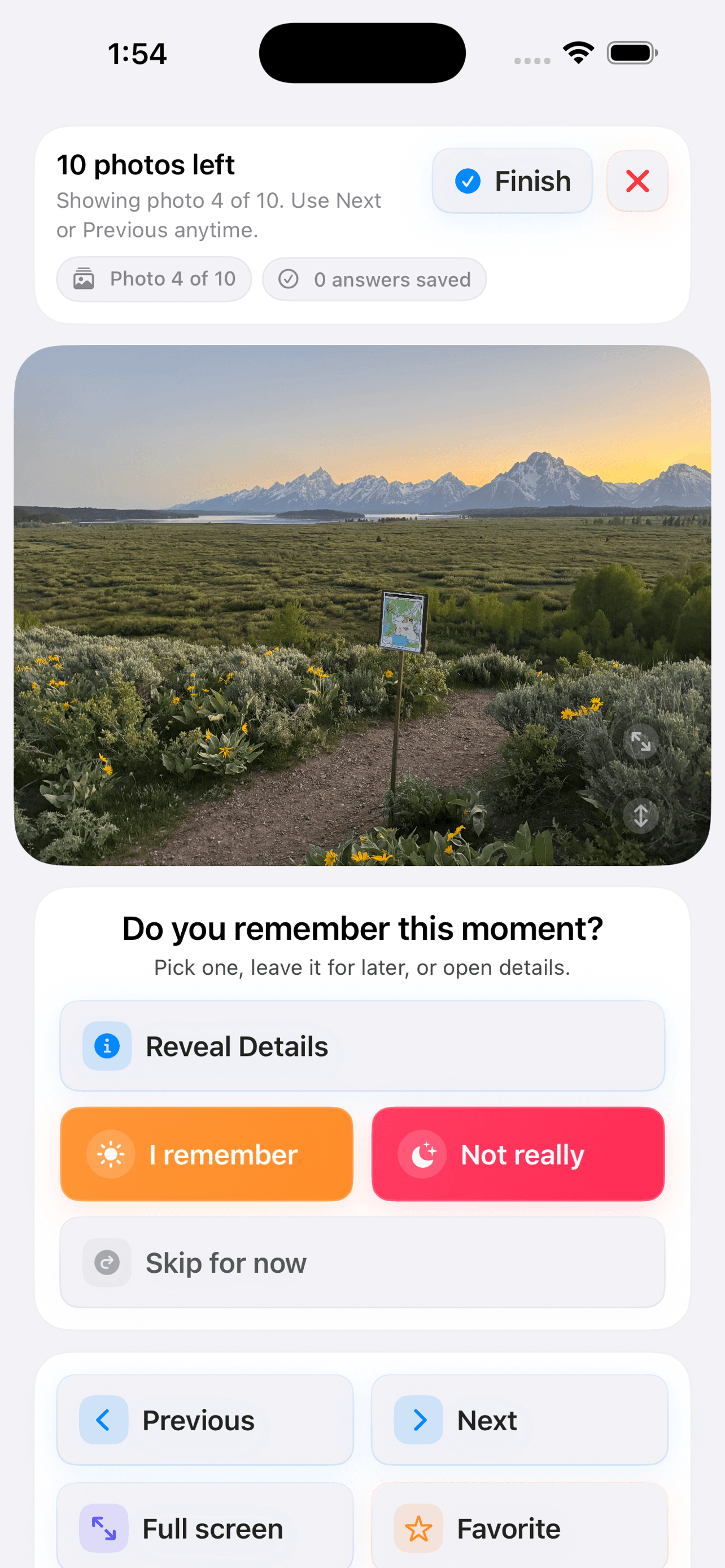 Photo Jogger memory session screen with a landscape photo and answer controls.