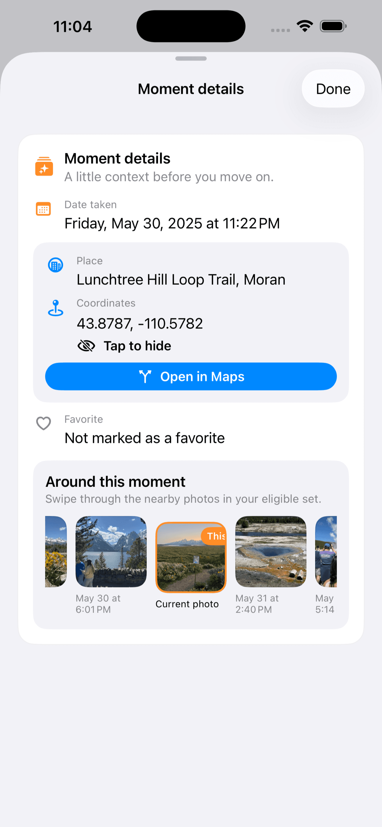 Photo Jogger moment details sheet with coordinates revealed and ready to open in Maps.