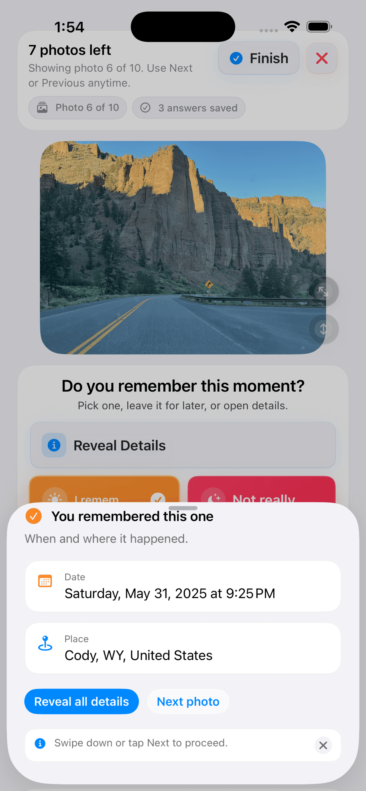 Photo Jogger remembered recap sheet over a scenic road photo near Cody, Wyoming.