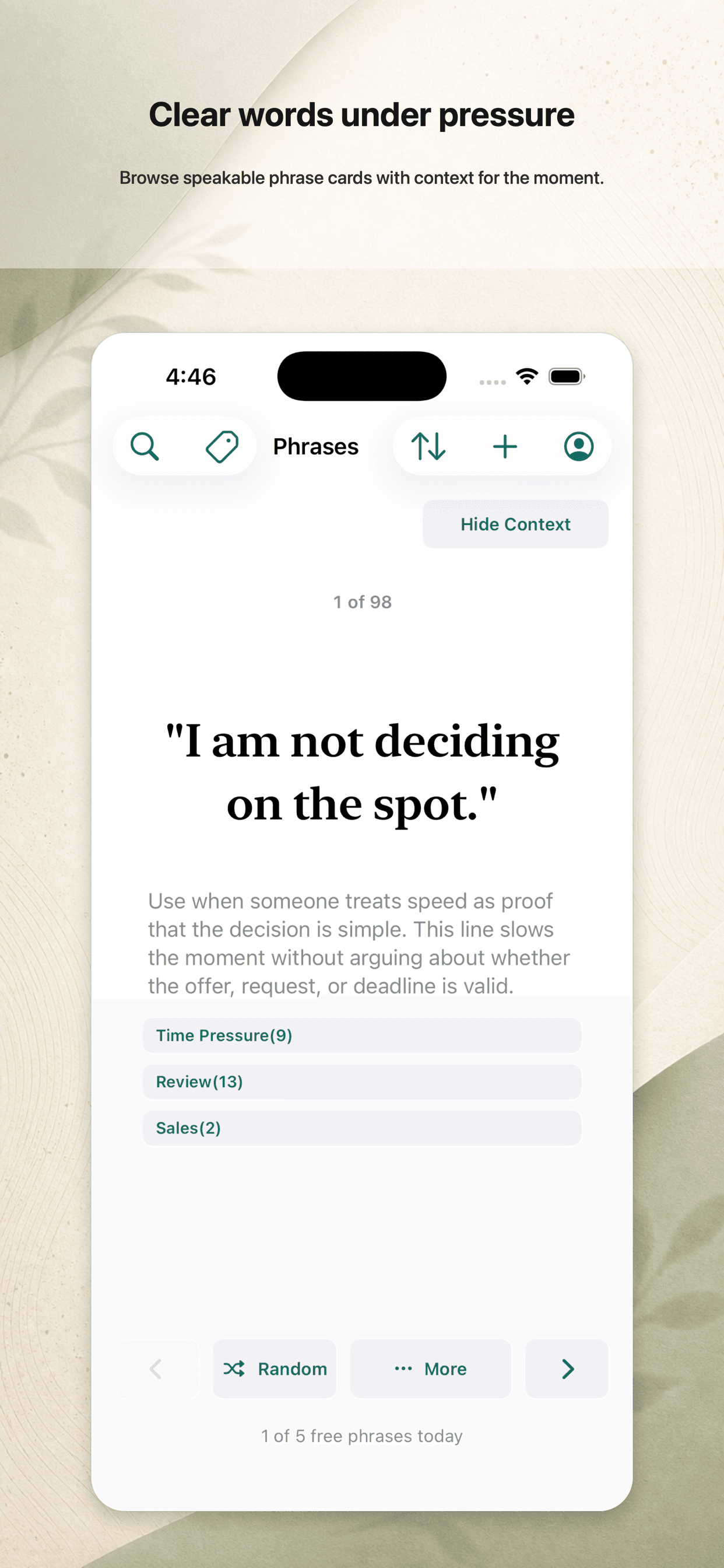 Phrases To Say card screen showing a phrase, context, and navigation.