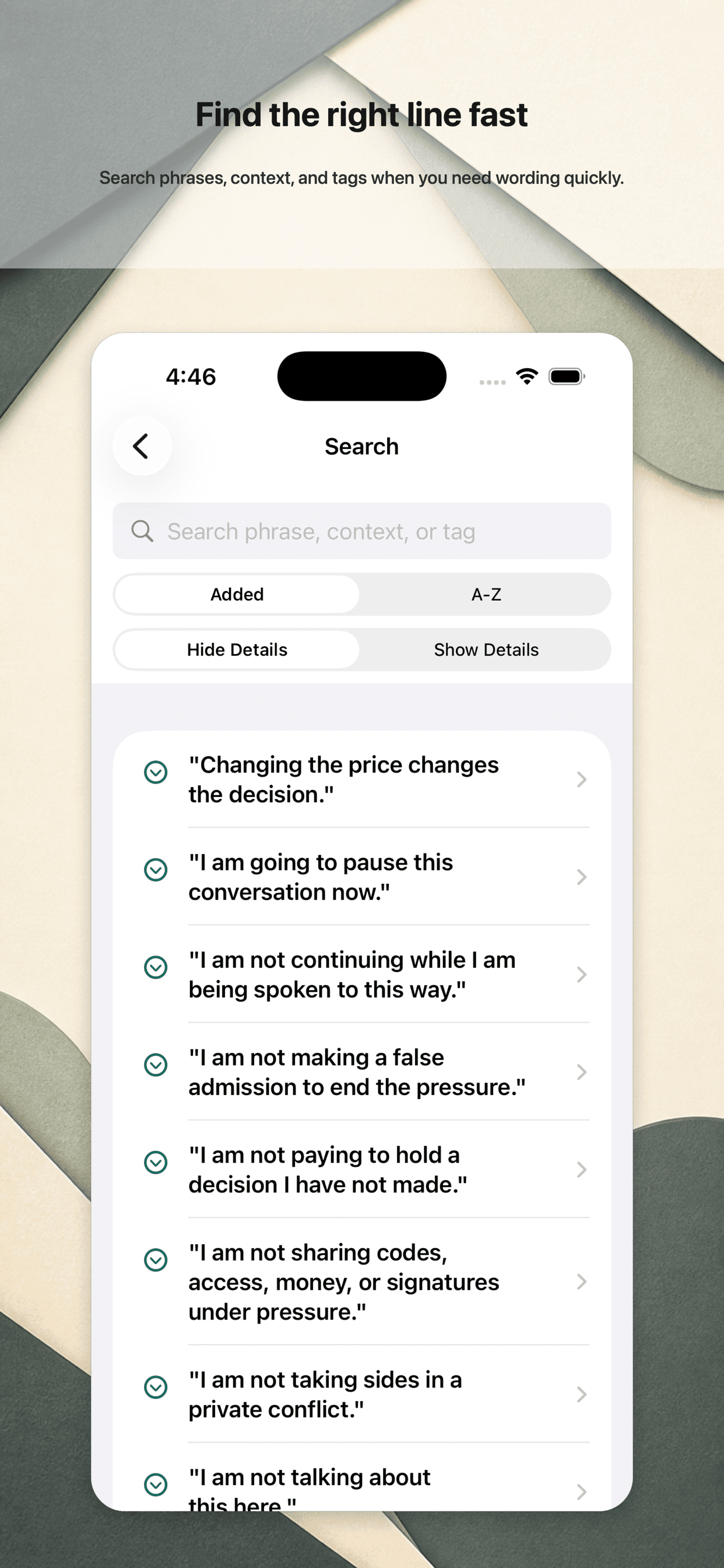 Phrases To Say search screen with highlighted phrase results.