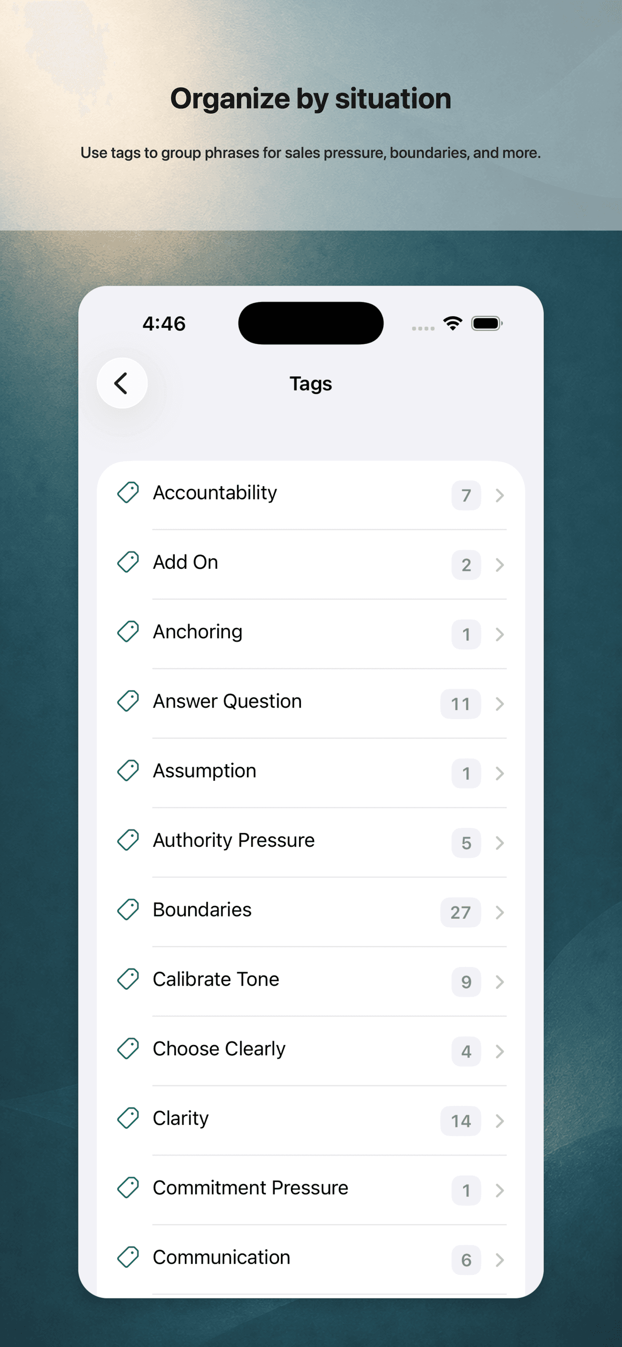 Phrases To Say tags screen with phrase counts.