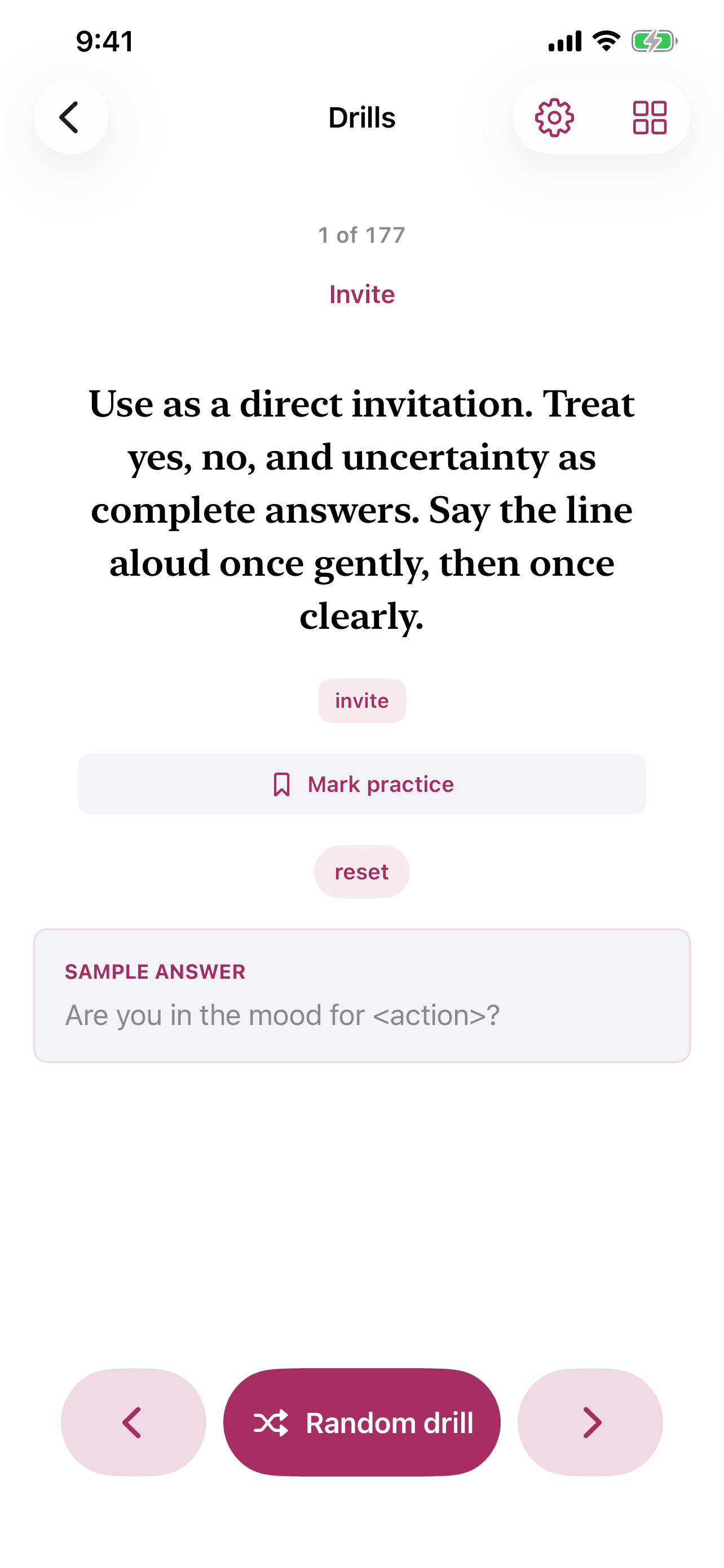 Phrases To Say - Intimate speaking drill with a revealed sample answer.