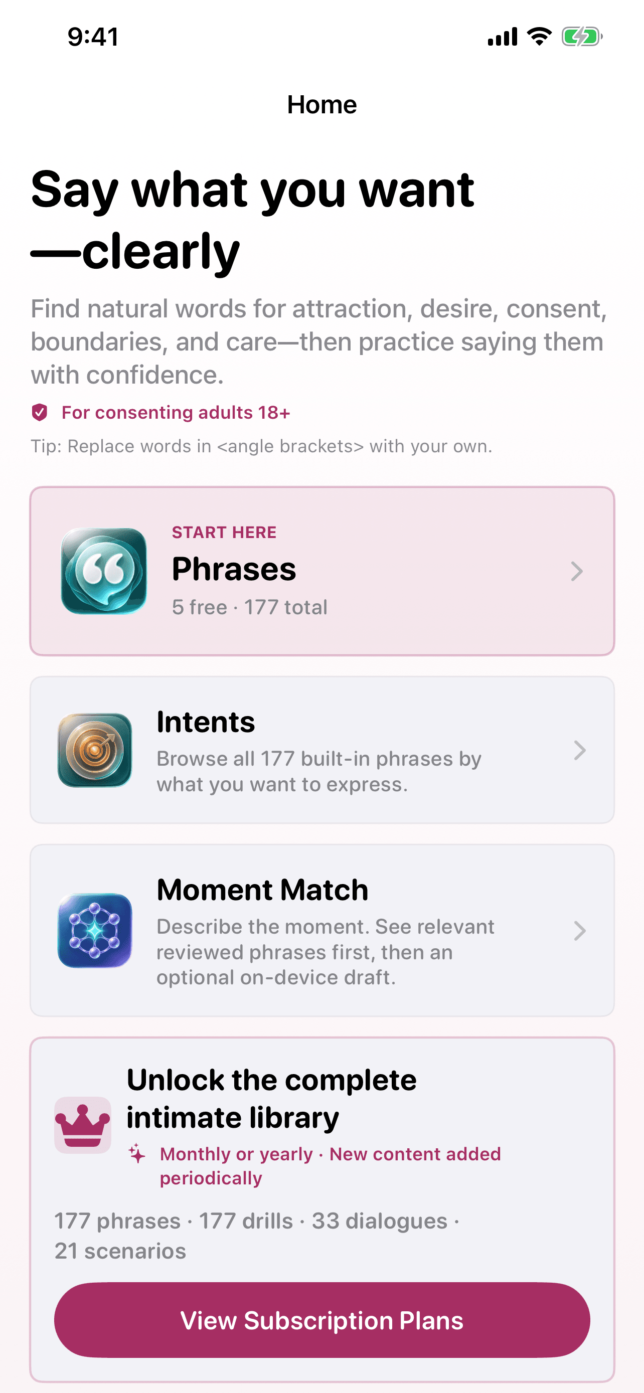 Phrases To Say - Intimate home screen with phrases, intents, practice, drills, dialogues, and Moment Match.