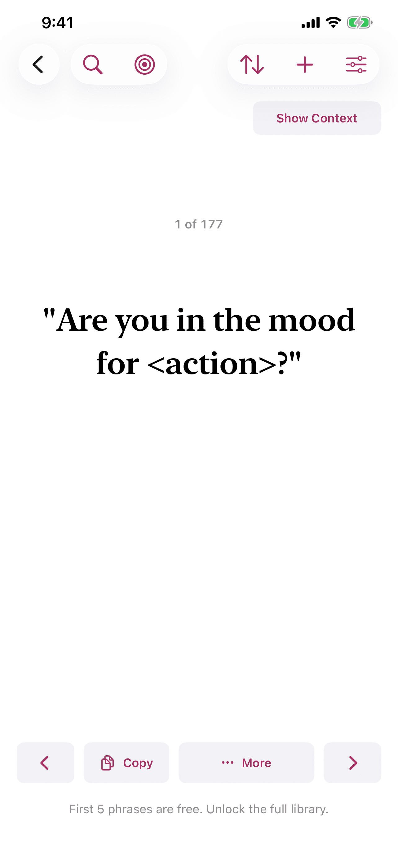 Phrases To Say - Intimate phrase card with context and controls.