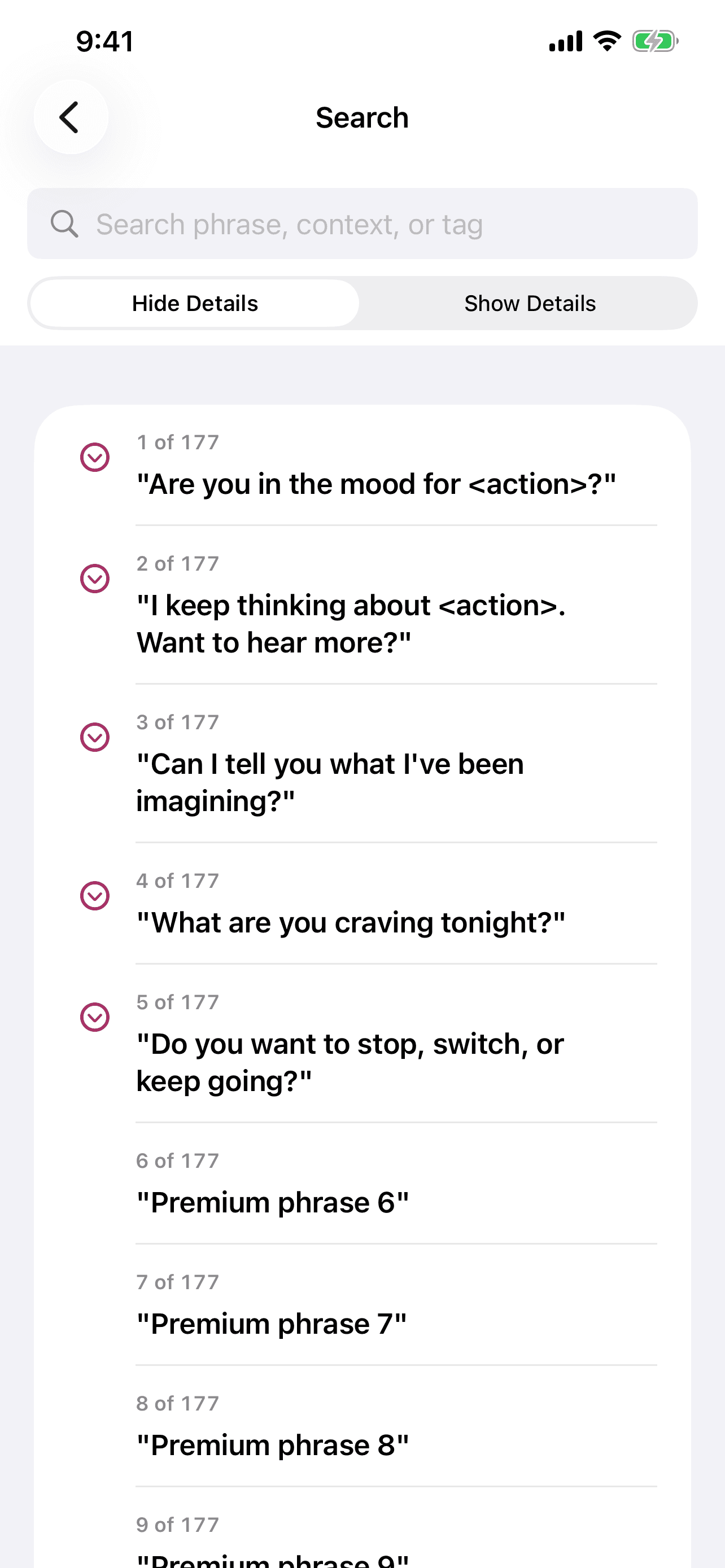 Phrases To Say - Intimate Moment Match search screen.