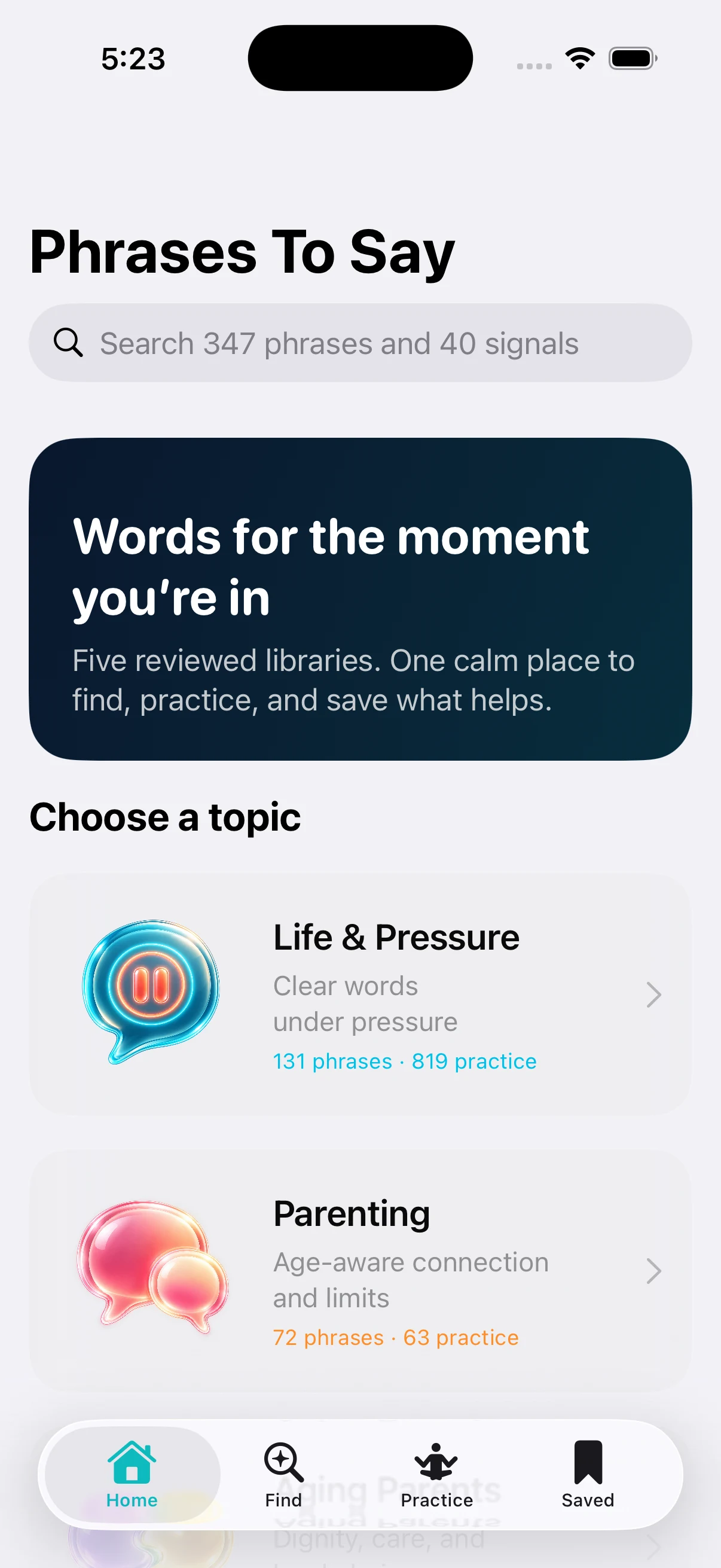 Phrases To Say Life & Work home screen with topic hubs