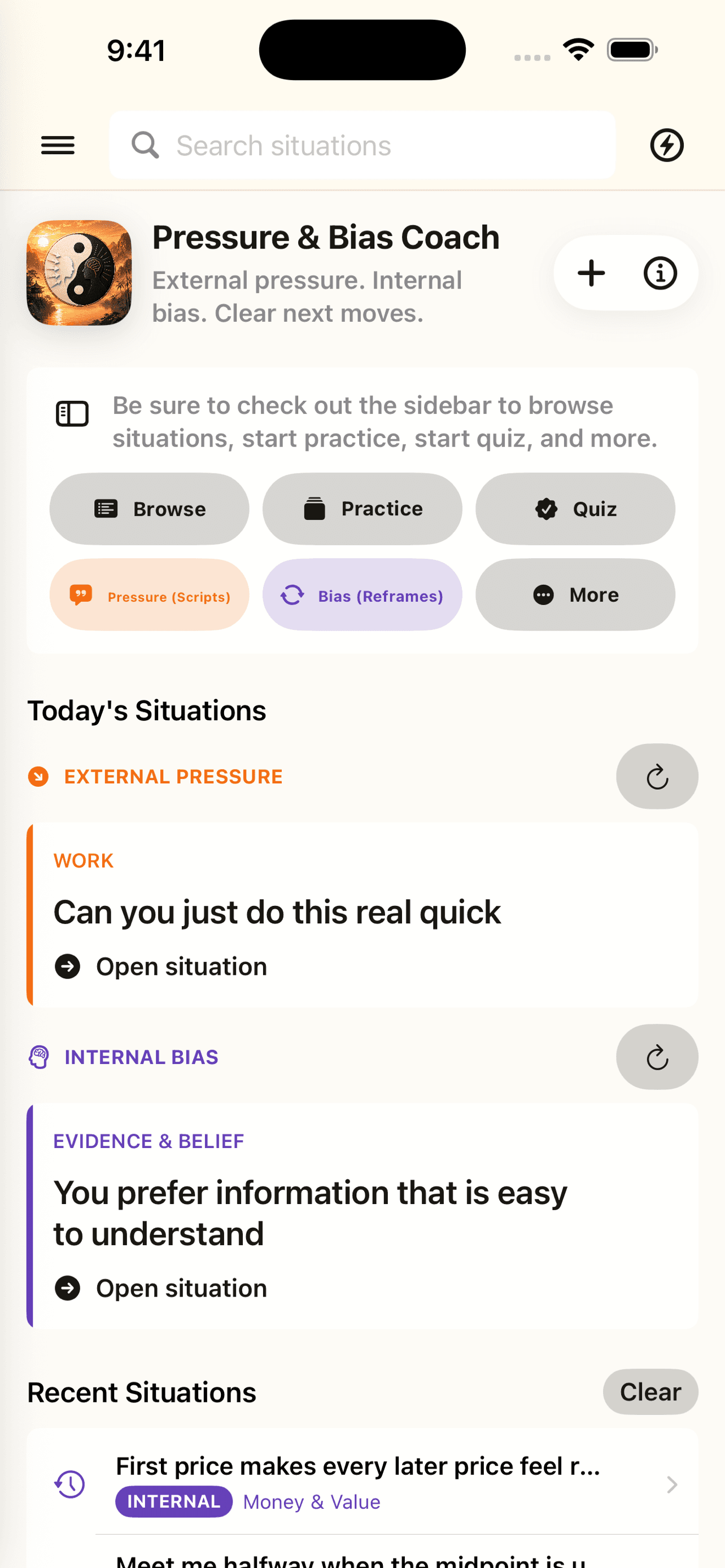 Pressure Bias Guide home screen with pressure and bias sections.