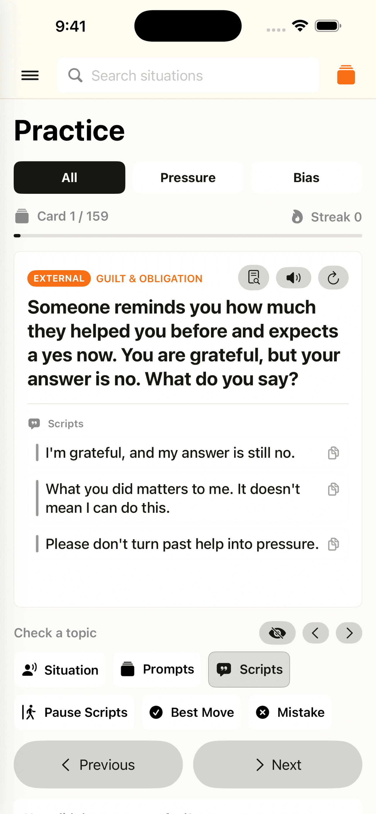 Pressure practice screen with selectable reveal topics.
