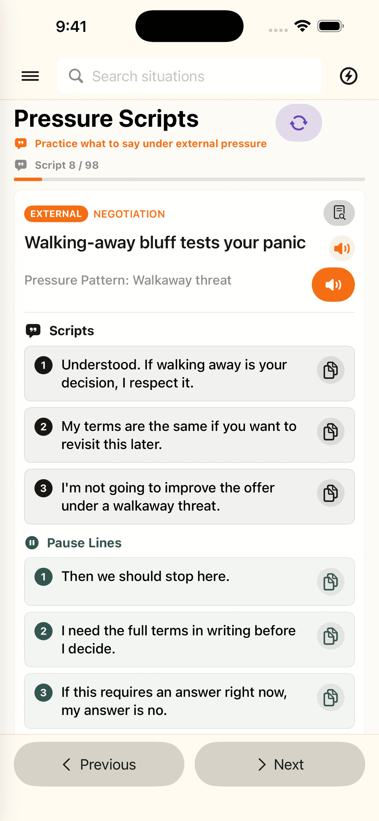 Pressure situation detail screen with scripts and best move guidance.