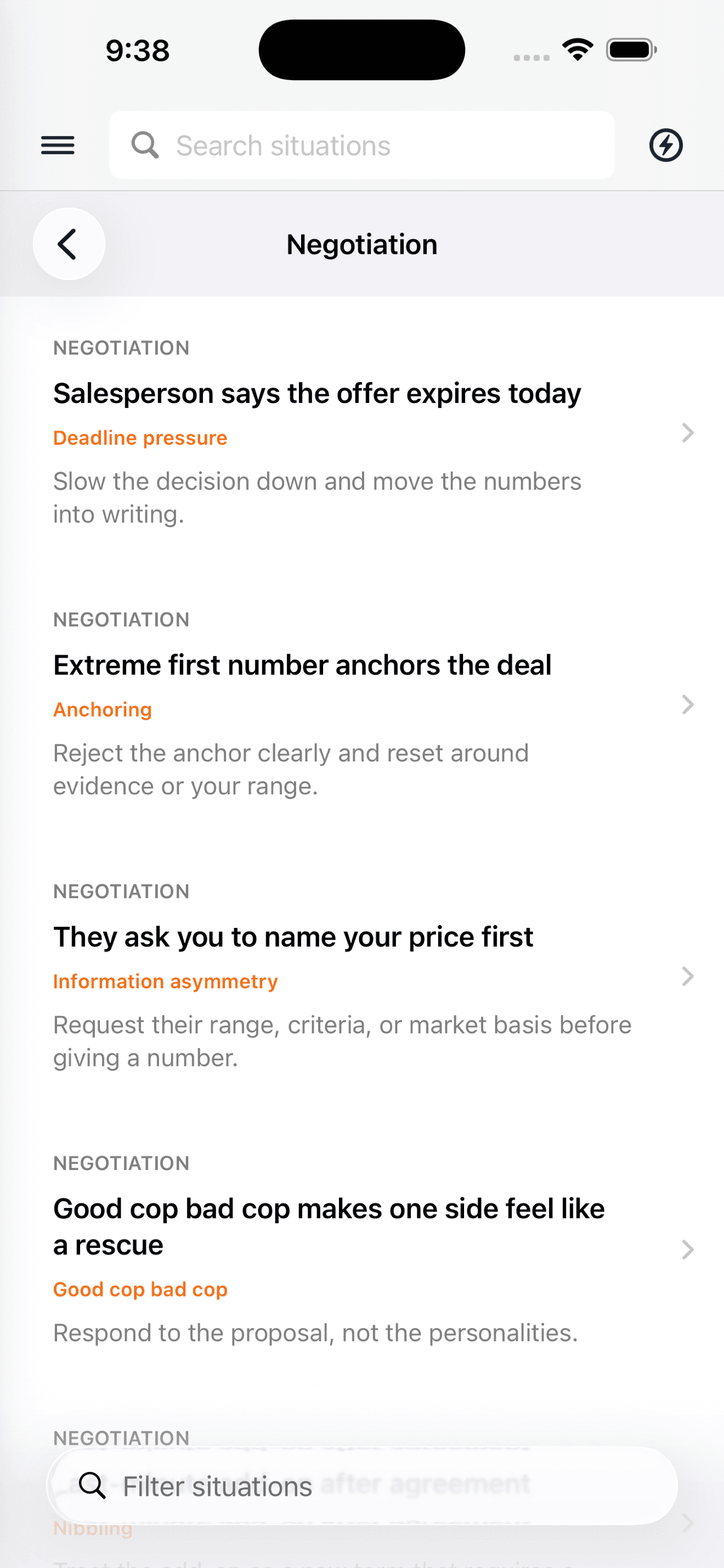 PressureCoach category browser showing negotiation situations and filtering.