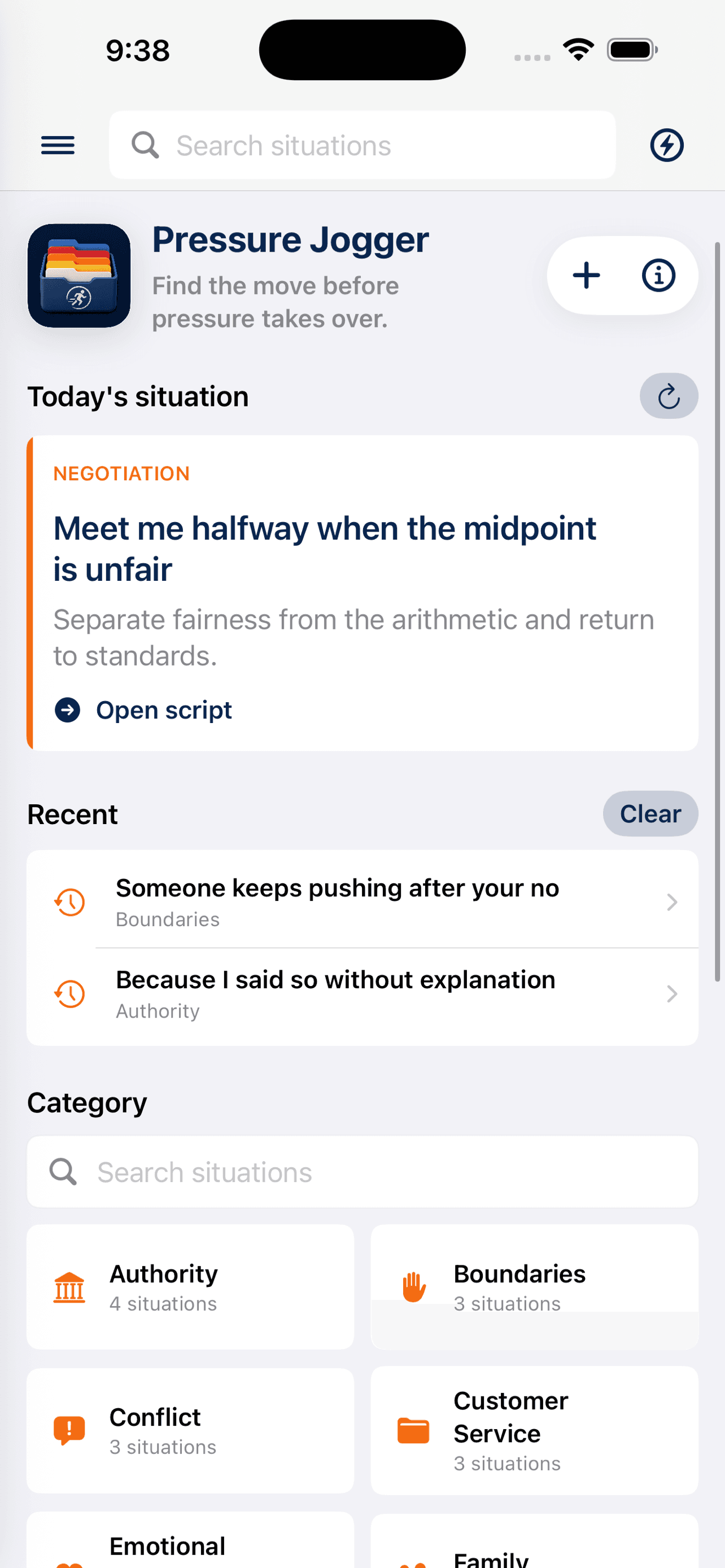 PressureCoach home screen with pressure situation categories and quick actions.