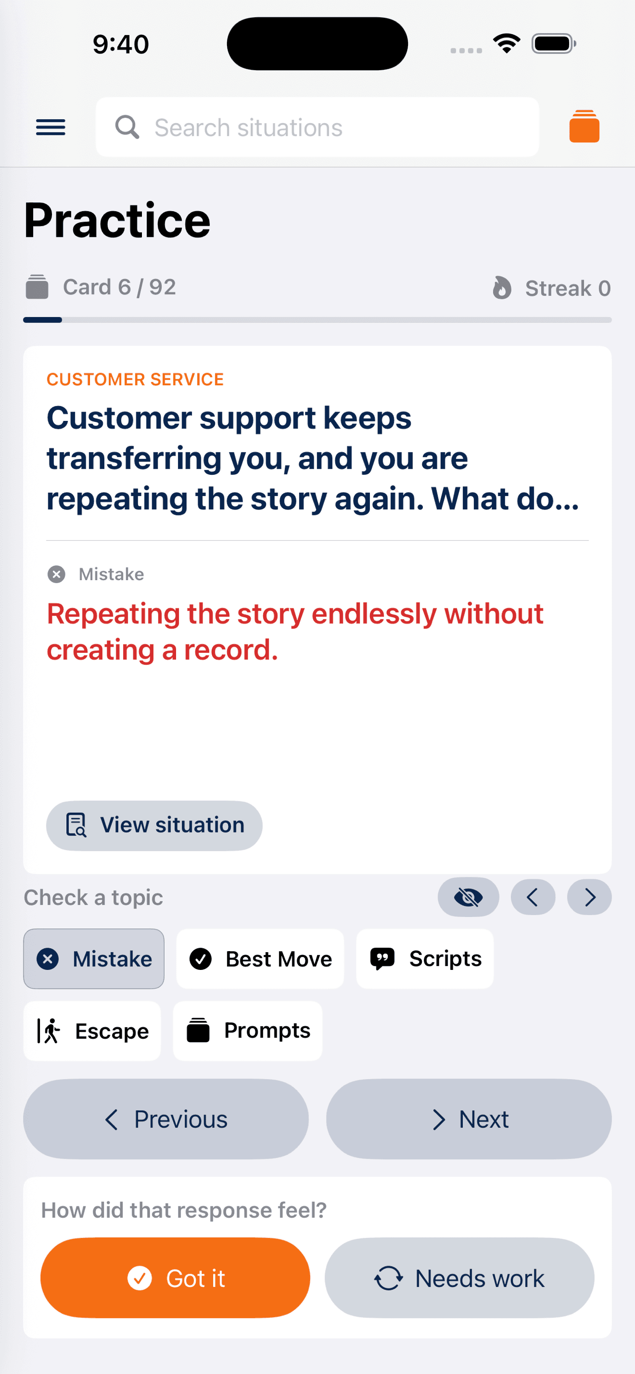 PressureCoach practice screen with selectable reveal topics and response rating controls.