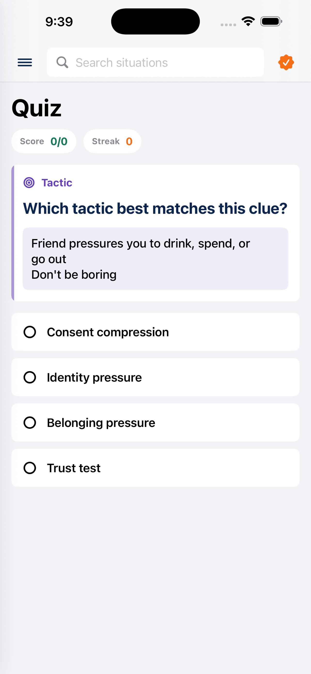 PressureCoach quiz screen asking which tactic matches a pressure clue.