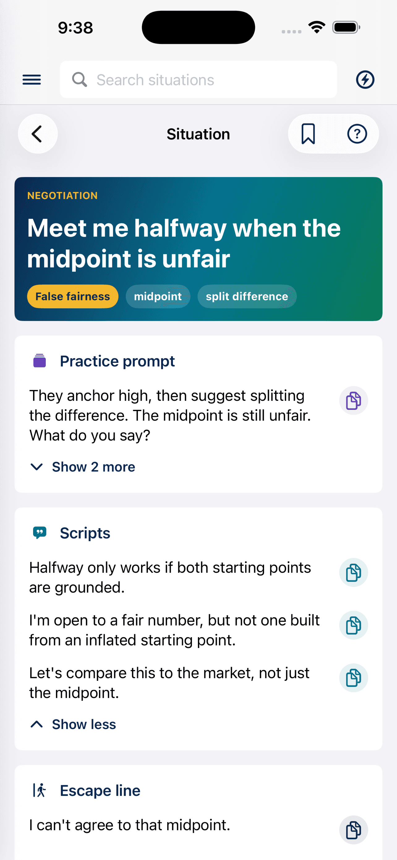 PressureCoach situation detail screen with practice prompt and response guidance.