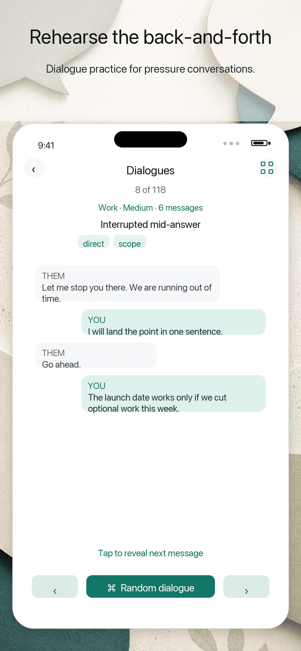 Phrases To Say dialogue practice screen showing a conversation script.