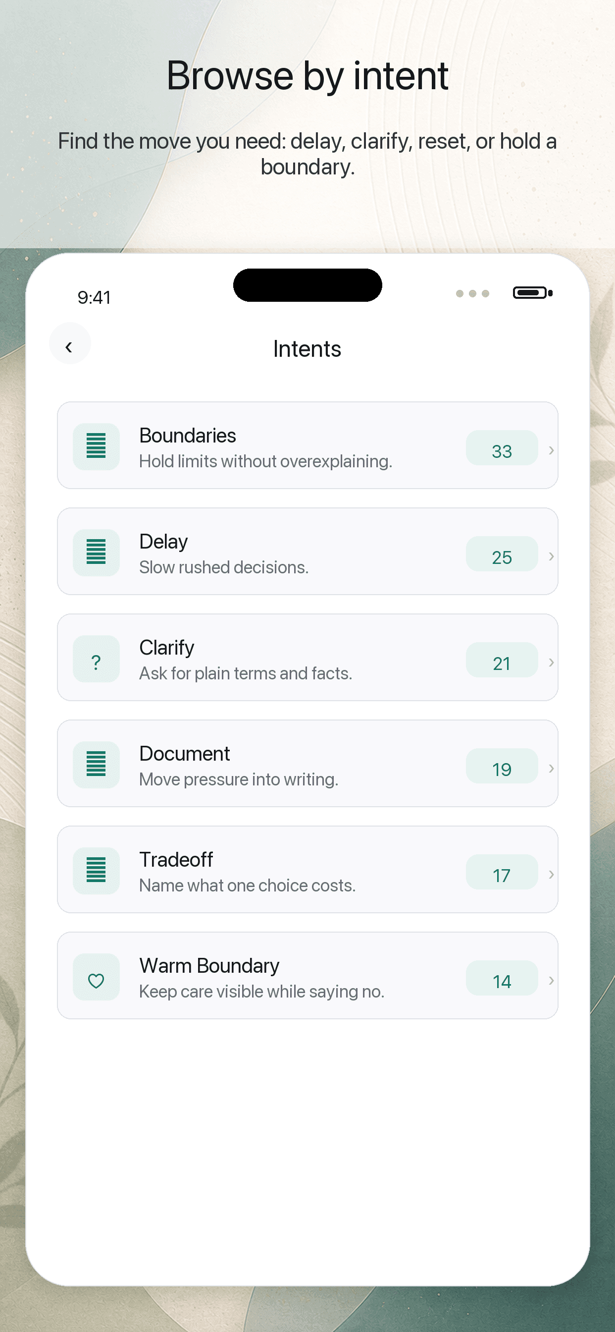 Phrases To Say intent browser grouping phrases by conversational move.