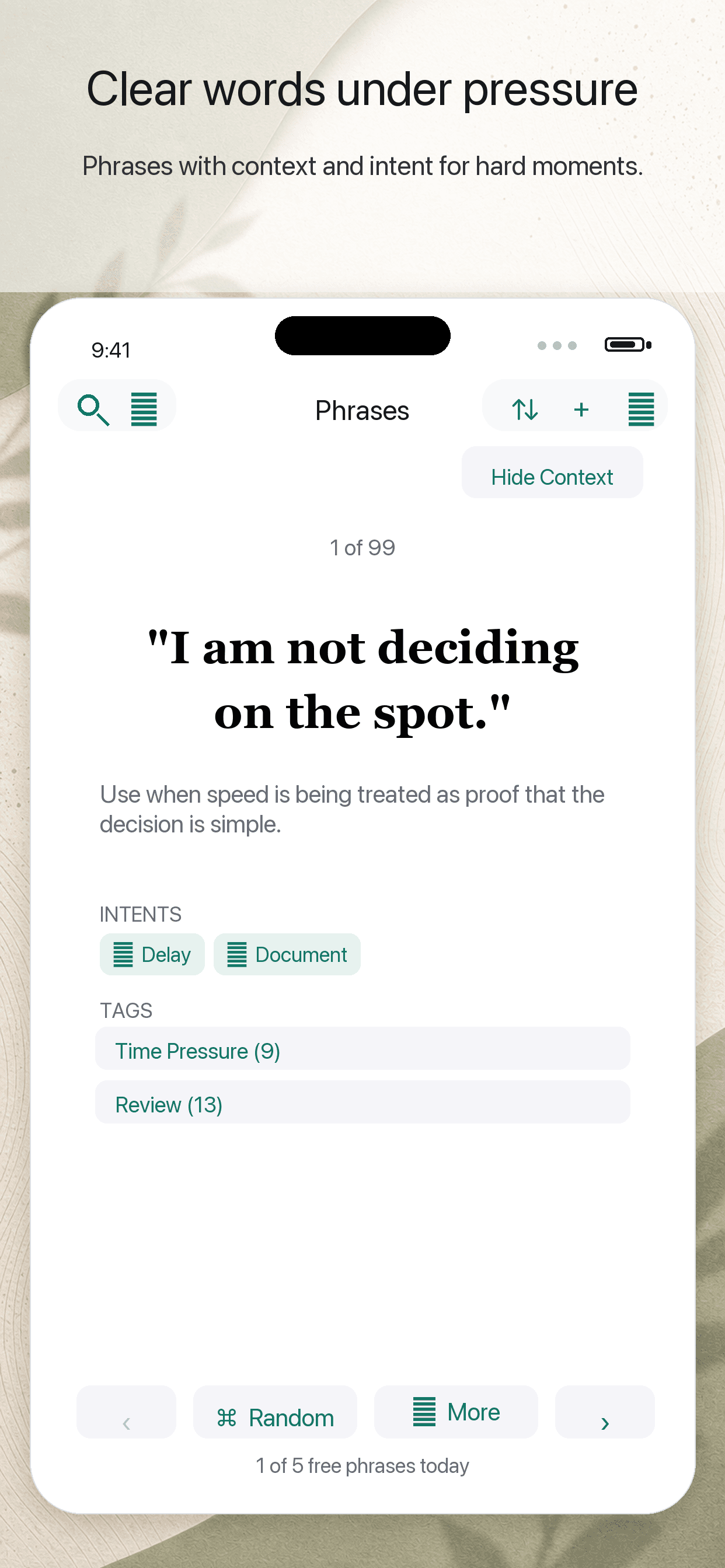 Phrases To Say phrase card showing a phrase, context, and intents.