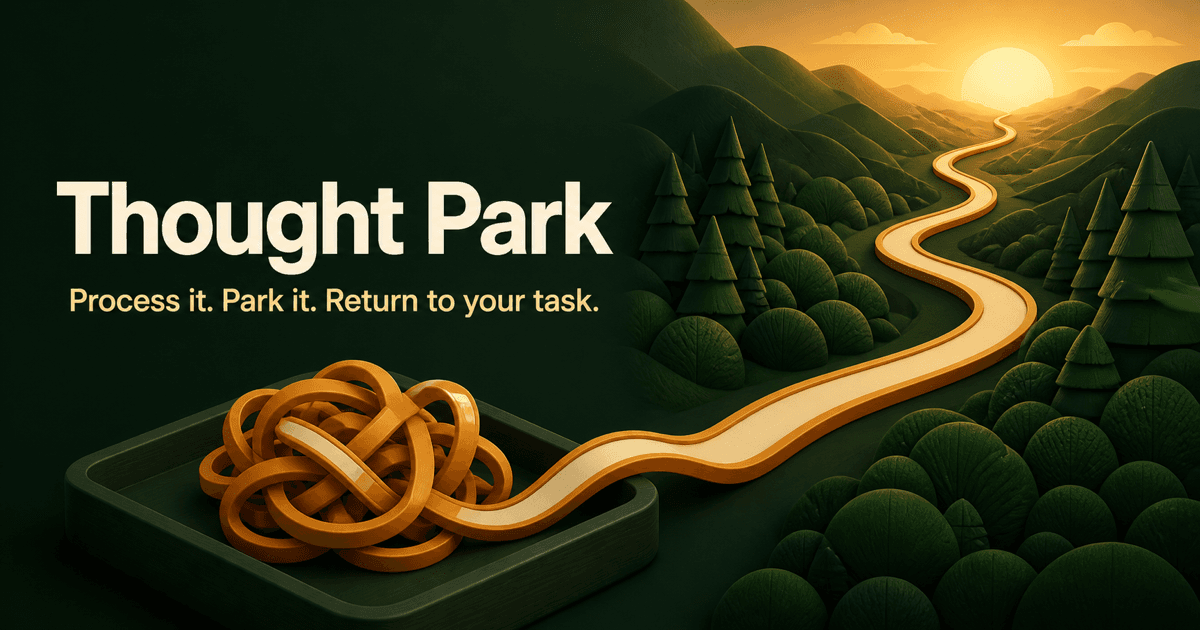 Thought Park path leading from a tangled thought toward a clear horizon